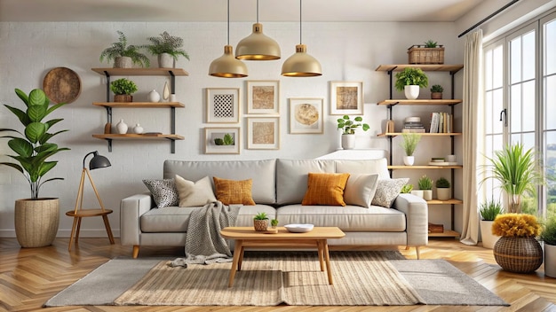 Interior of light living room with grey sofas coffee table and large window