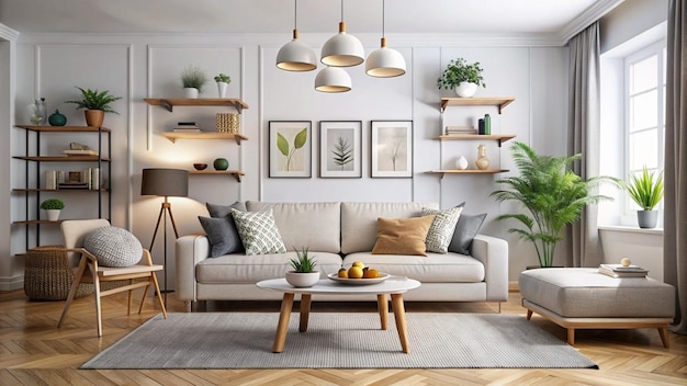 Interior of light living room with grey sofas coffee table and large window