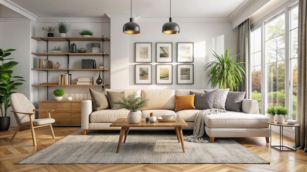 Interior of light living room with grey sofas coffee table and large window