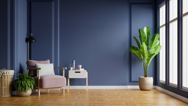 Interior of light room with armchair on empty dark blue wall,3D rendering