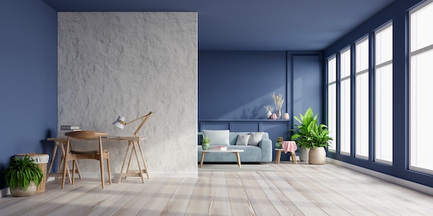 Interior of light room with sofa on empty dark blue wall and Office room on empty White plaster wall,3D rendering