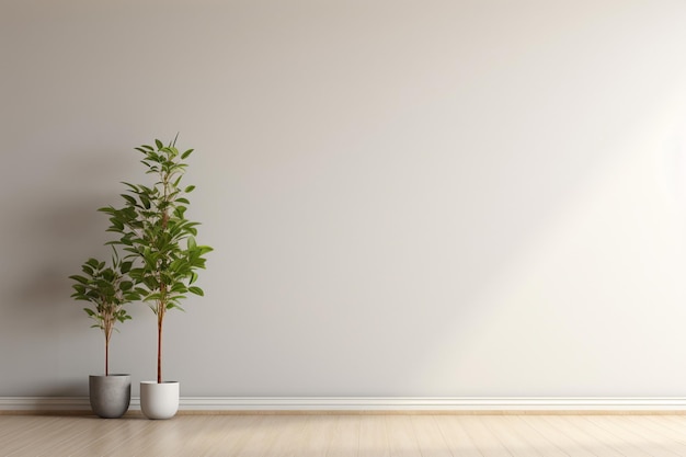 Interior of living room apartment with decorative plants and large window and blank empty wall