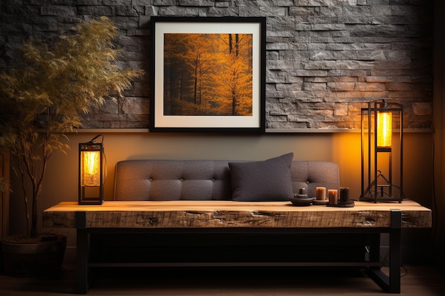 Interior living room design sofa seat wooden bench table lamp on wall Modern home