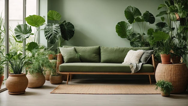 Interior of the living room of a green house a winter garden a glazed veranda in ecostyle made of natural materials and many homemade potted plants in wicker flowerpot AI generated