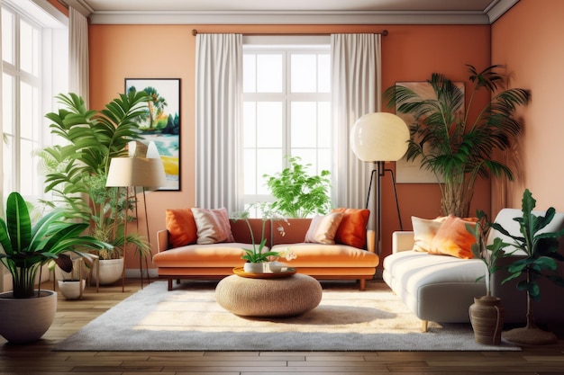 Interior of living room including modern furniture and plants