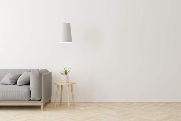 Interior of living room modern style with grey fabric sofa,wooden side table and white ceiling lamp on wooden floor.