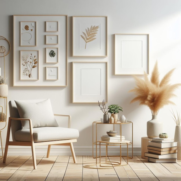 Interior living room wall mockup with frames