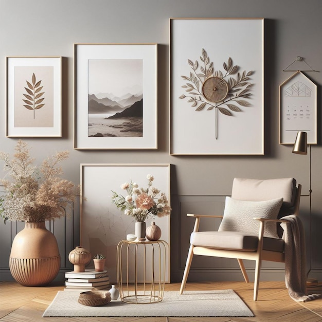 Interior living room wall mockup with frames