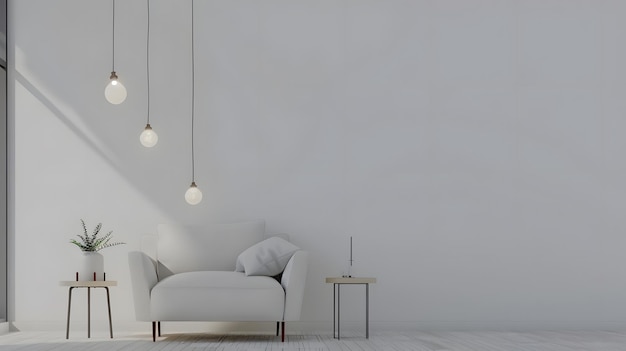 Interior living room wall mockup with sofa chair side table and hanging lights on wh Generative AI