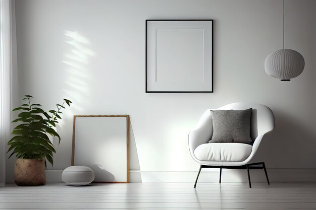 Interior living room wall white floor chair light template blank space Generative Ai