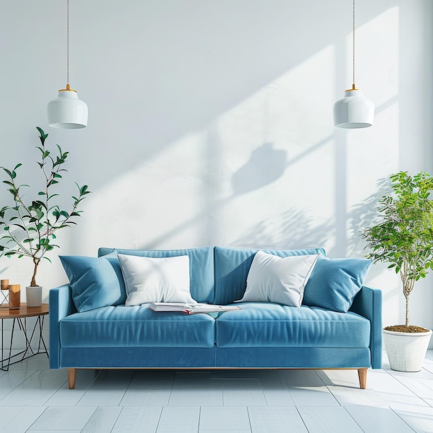 Interior of living room with blue sofa 3d rendering