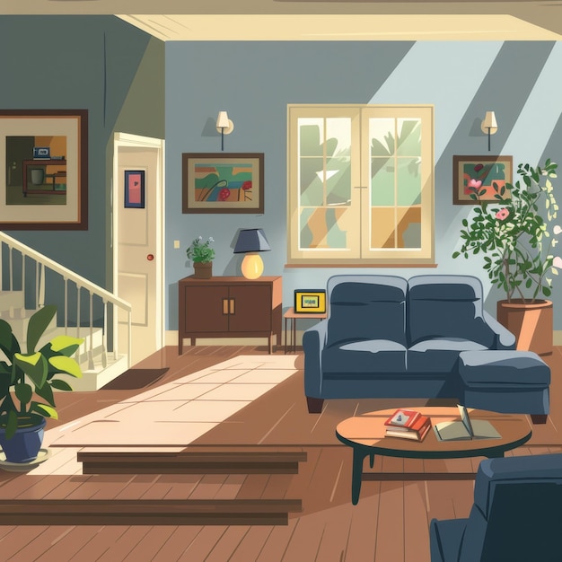 Photo interior of a living room with a blue sofa and a bookcase vector illustration