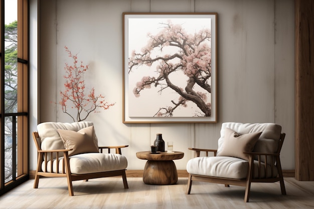 Interior of a living room with a coffee table and a beige fabric armchair with a mockup poster