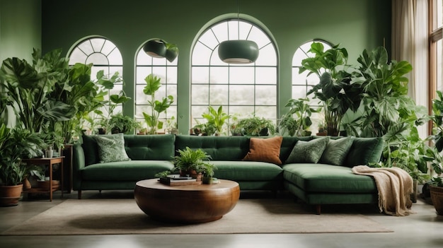 Interior of living room with green houseplants and sofas