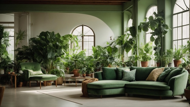 Interior of living room with green houseplants and sofas