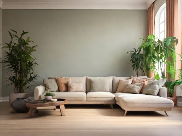 Interior of living room with green houseplants and sofas