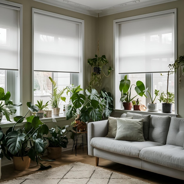 Interior of living room with green houseplants and sofas