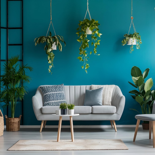 Interior of living room with green houseplants and sofas