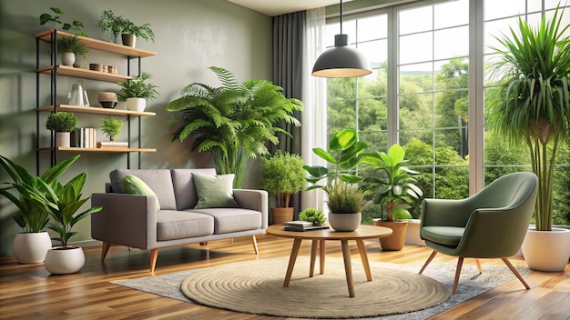 Photo interior of living room with green plants table and armchair