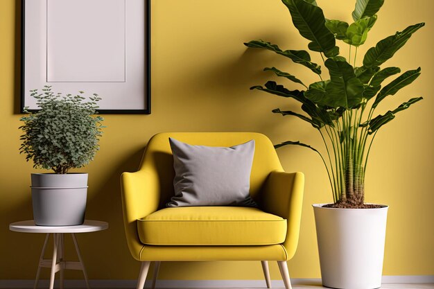 Interior of living room with grey armchair table and houseplants near yellow wall with space for text