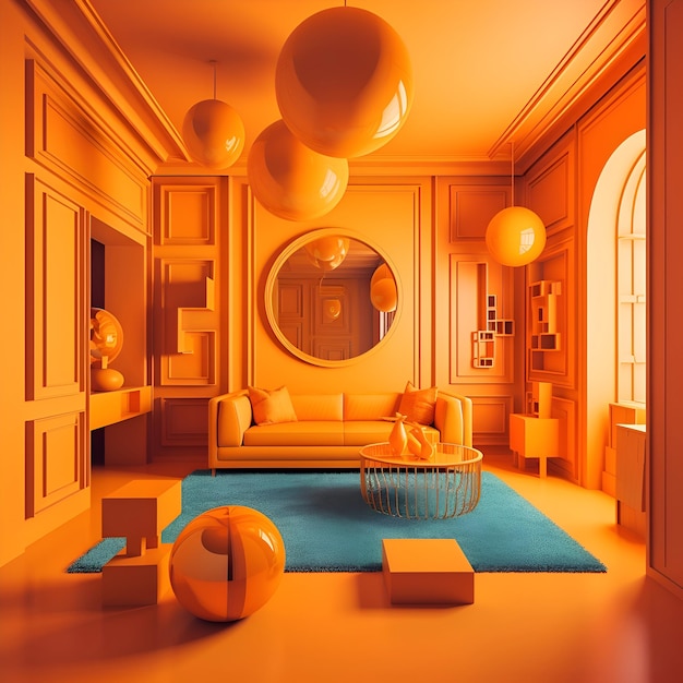 Interior of living room with orange walls