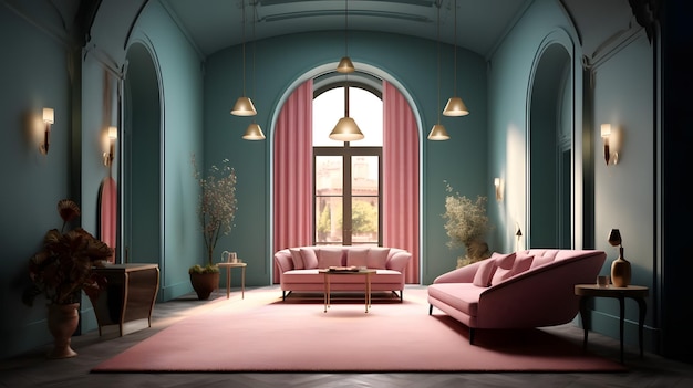 Interior of the living room with a pink sofa