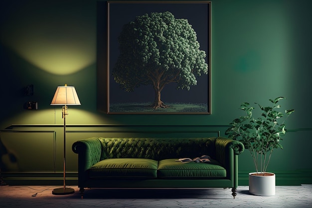 Interior of living room with sofa lamp and tree in green