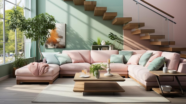 interior of living room with sofa in pink color