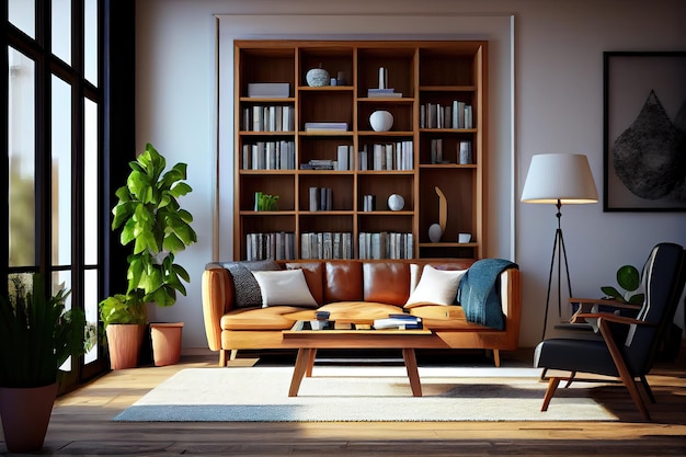 Interior of living room with wooden furniture and books Generative Ai