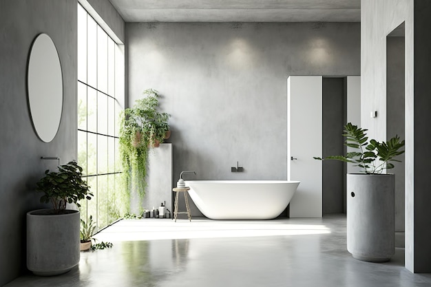 Interior of a loft bathroom with gray walls and a concrete floor Near the window is an angular white tub There is a potted plant close by a mockup