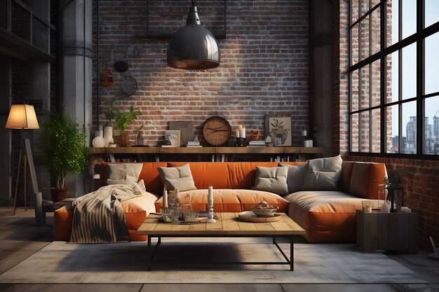 Photo interior of loft living room with brown sofa coffee table and brick wall 3d render