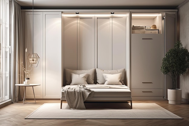 Interior of a loft living room with a built in wardrobe a wooden floor and white walls a cozy couch close to the window a mockup