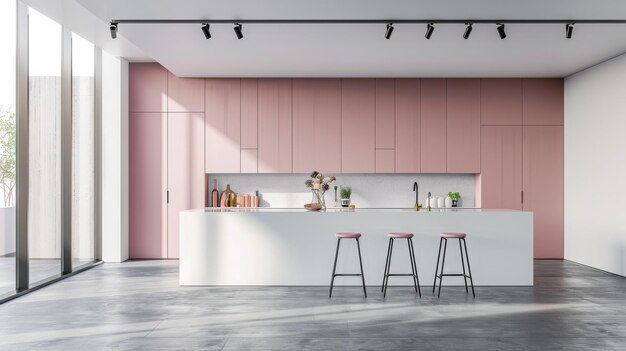 Interior of a luxurious kitchen with white walls a concrete floor a long bar stand holding