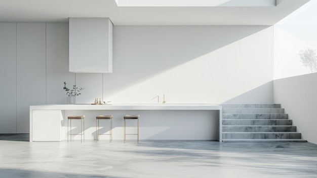 Interior of a luxurious kitchen with white walls a concrete floor a long bar stand holding