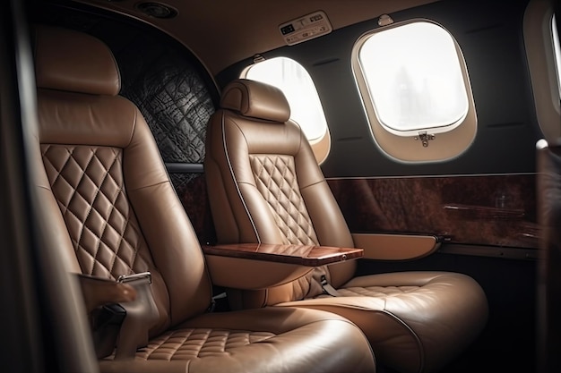 The interior of a luxurious private jet features plush leather seats and modern amenities creating a sleek and comfortable travel experience Generative AI