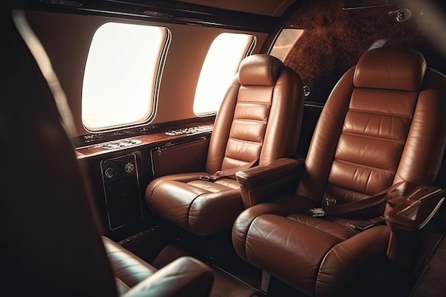 The interior of a luxurious private jet features plush leather seats and modern amenities creating a sleek and comfortable travel experience Generative AI