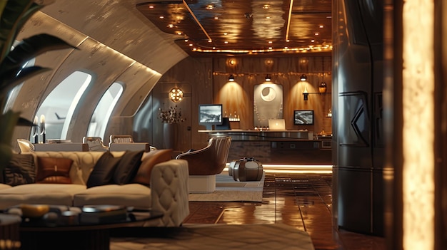 The interior of a luxurious private jet showcases elegant design with comfortable seating polished