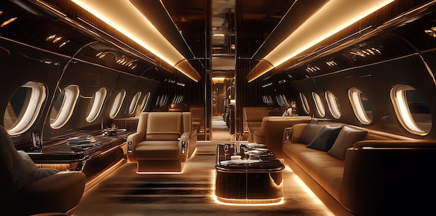 Photo interior of a luxurious private jet with brown leather seats a wooden table and large windows