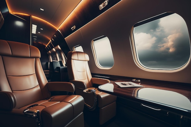 Interior of luxurious private jet with leather seats Illustration AI Generative