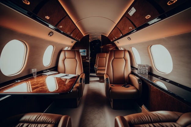 Interior of luxurious private jet with leather seats Illustration AI Generative