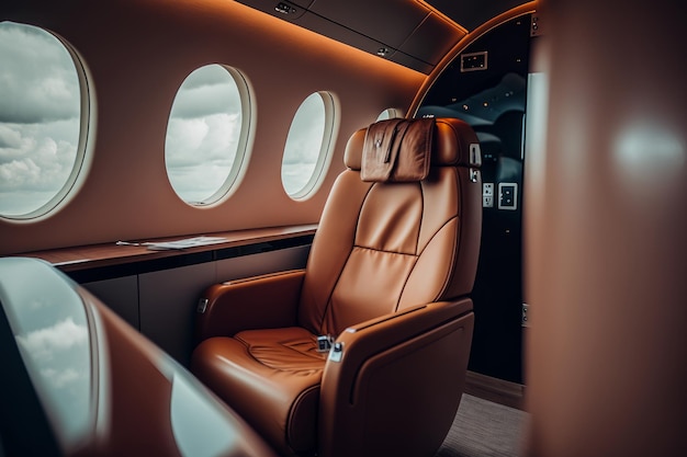 Interior of luxurious private jet with leather seats Illustration AI Generative