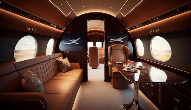 Interior of luxurious private jet with leather seats Illustration AI GenerativexA