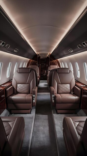 Photo interior of luxurious private jet with leather seats