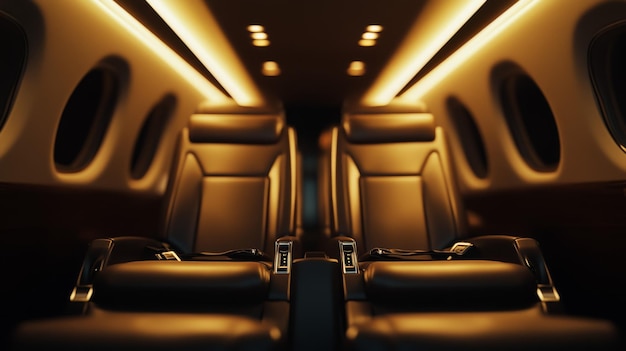 Photo interior of a luxurious private jet with sleek leather seating and ambient lighting