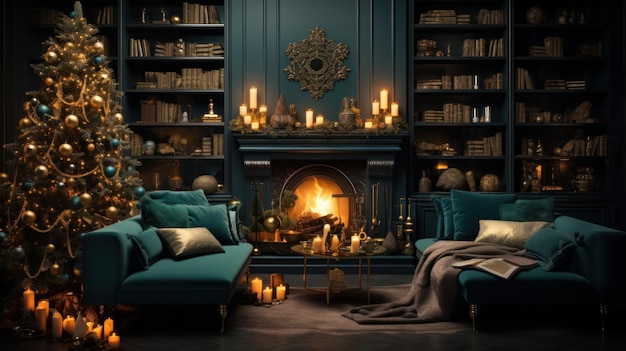 Interior of luxury artdeco living room with Christmas decoration Blazing fireplace garlands and candles elegant Christmas tree gift boxes comfortable sofas bookshelves Christmas fairy tale