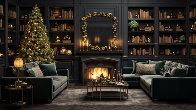 Interior of luxury artdeco living room with Christmas decoration Blazing fireplace garlands and candles elegant Christmas tree gift boxes comfortable sofas bookshelves Christmas fairy tale