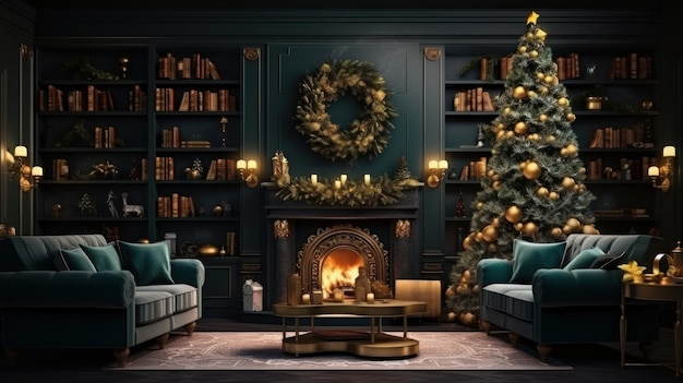 Interior of luxury artdeco living room with Christmas decoration Blazing fireplace wreath garlands and candles elegant Christmas tree gift boxes comfortable couches bookshelves