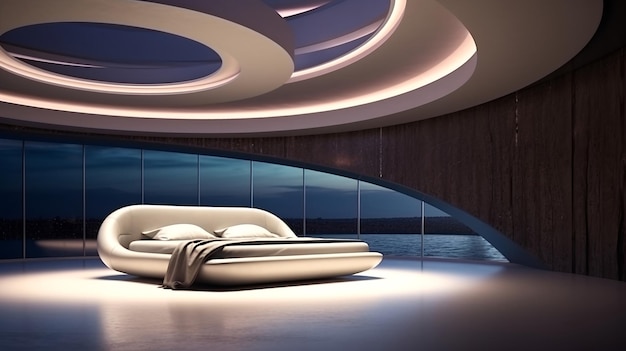 Interior of a luxury bedroom design with bed lamps abstract painting and impressive ceiling design