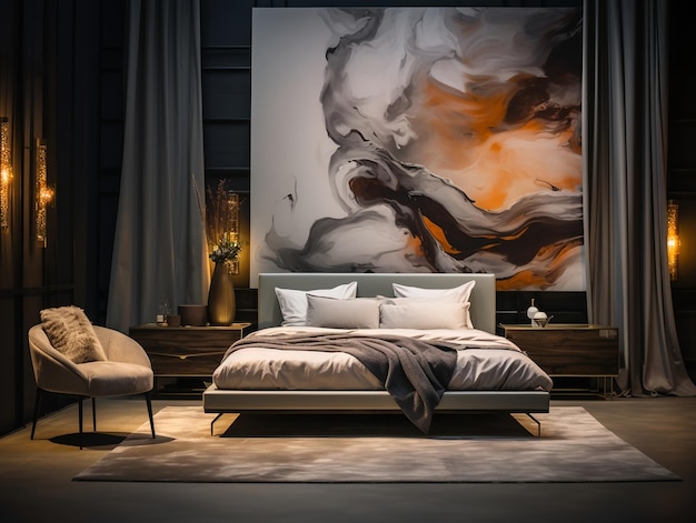 Interior of a luxury bedroom design with bed lamps and abstract painting