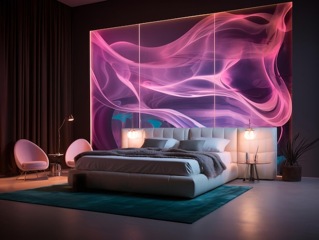 Interior of a luxury bedroom design with bed lamps and abstract painting